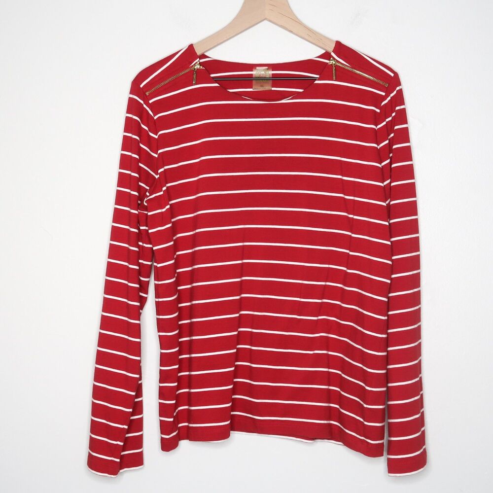 Anne Klein Womens Shirt XL Red White Striped Nautical Classic American Coastal